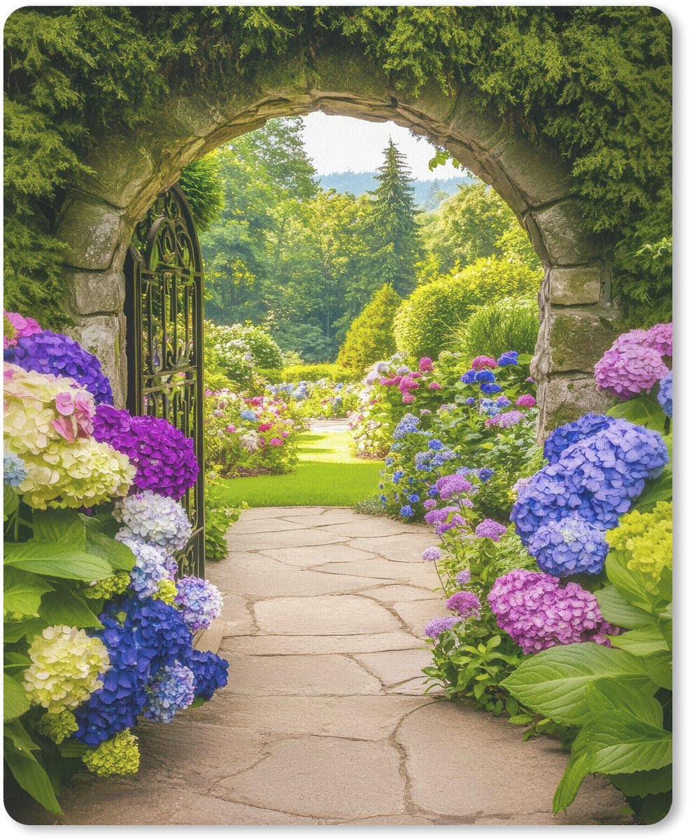 Muismat 19x23 cm - Mousepad Doorkijk - Poort - Hortensia - Bloementuin - Muismatten