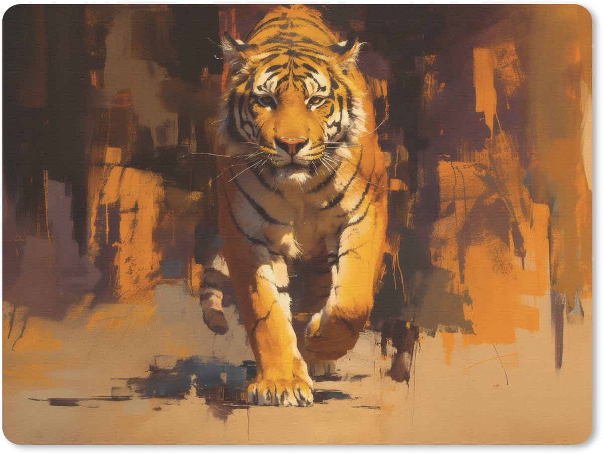 Muismat 23x19 cm - Mousepad Tijger - Geschilderd - Oranje - Penseelstreken - Muismatten