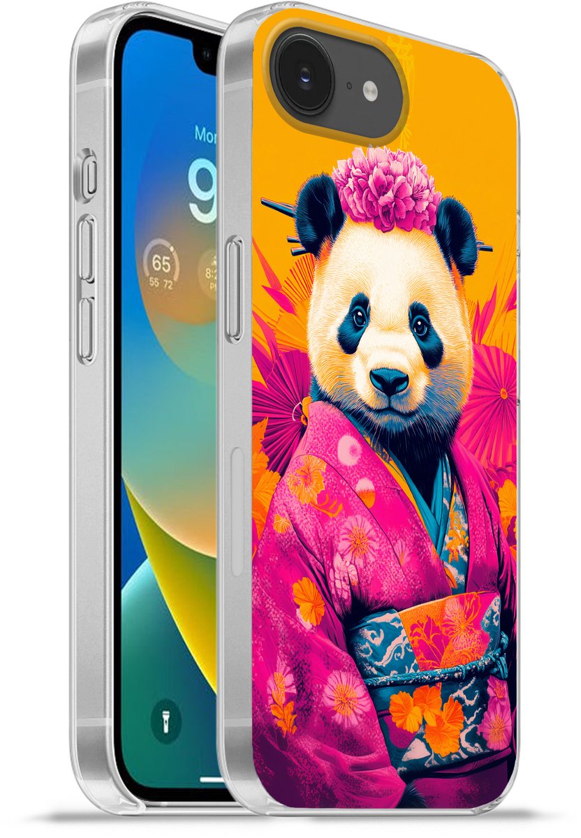 Telefoonhoesje Geschikt voor iPhone 16e hoesje - Kimono - Roze - Panda - Bloemenkroon - Siliconen Telefoonhoesje Telefoonhoesje