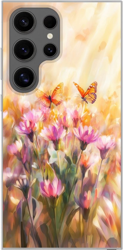 Coque transparente avec un dessin de fleurs roses et deux papillons orange sur fond jaune.
