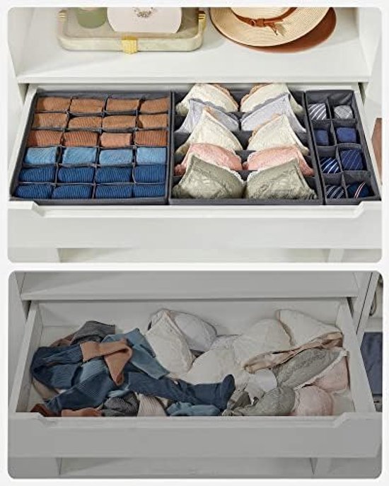 Deux tiroirs. Le tiroir supérieur contient des organisateurs gris pour chaussettes, soutiens-gorge et cravates. Le tiroir inférieur contient des vêtements en désordre.