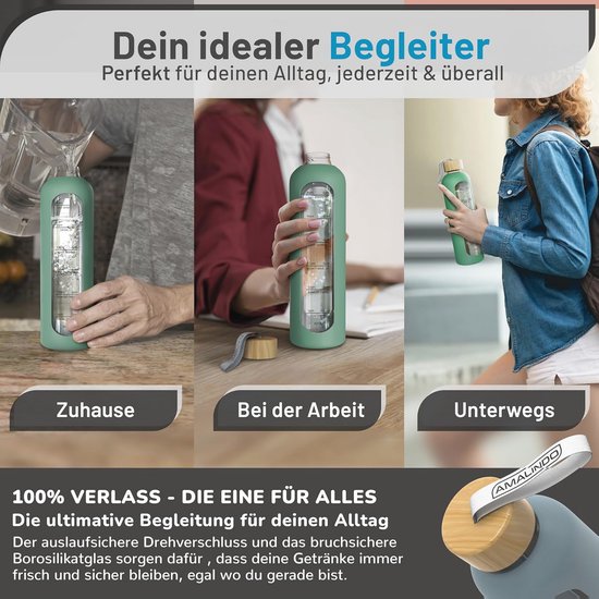 Amalindo Drinkfles van glas, 1 liter, geschikt voor koolzuur, met borstel en siliconen hoes, roze