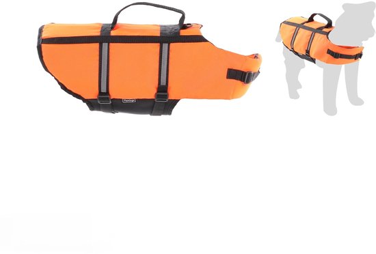 Een feloranje honden zwemvest met zwarte handvatten, gespen en reflecterende details, met een silhouet van een hond ernaast.