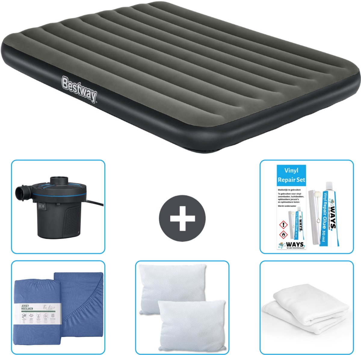 Bestway luchtbed - 2-Persoons - 152 x 203 x 25 cm - Groen - Inclusief Hoeslaken - Kussen - Kussenbeschermer - Pomp en Reparatieset