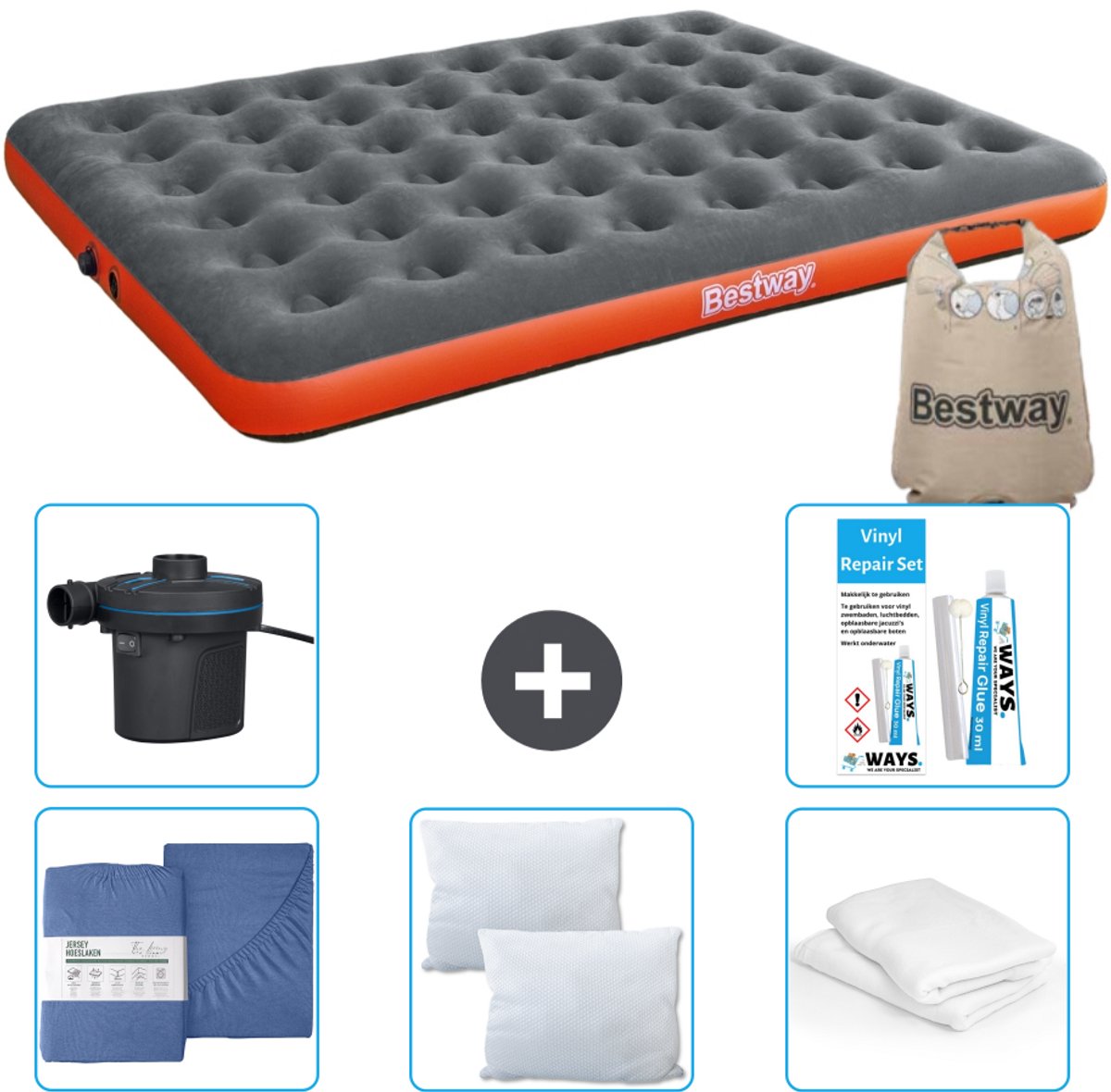 Bestway luchtbed - 2-Persoons - 152 x 203 x 22 cm - Grijs/Oranje - Inclusief Hoeslaken - Kussen - Kussenbeschermer - Pomp en Reparatieset