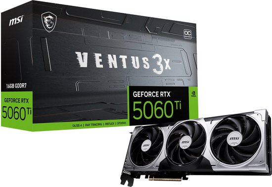 MSI NVIDIA GeForce RTX 5060 Ti 16G VENTUS 3X OC - 16GB - GDDR7 - PCIe 5.0 - 1x HDMI 2.1b - 3x DisplayPort 2.1a