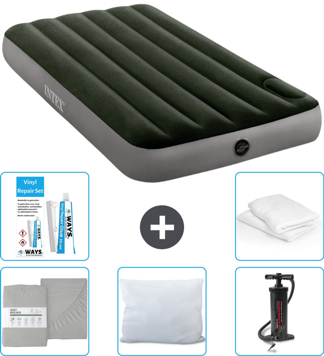 Intex Luchtbed - 1-Persoons - 99 x 191 x 25 cm - Groen - Inclusief Hoeslaken - Kussen - Pomp - Reparatieset en Kussenbeschermer