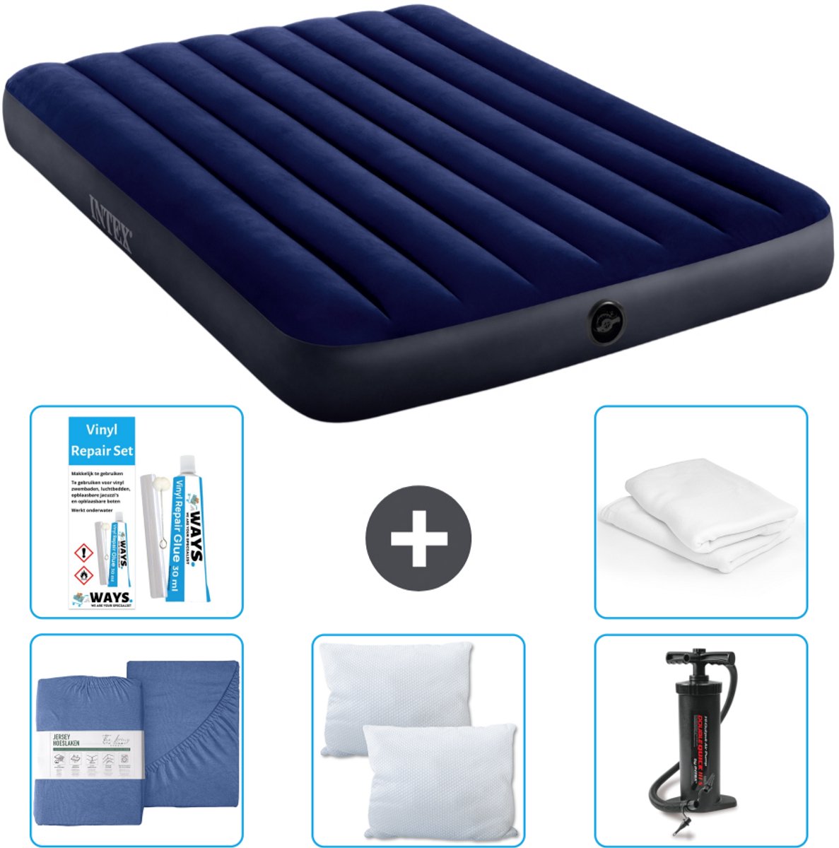 Intex Luchtbed - Twijfelaar - 137 x 191 x 25 cm - Blauw - Inclusief Hoeslaken - Kussen - Pomp - Reparatieset en Kussenbeschermer