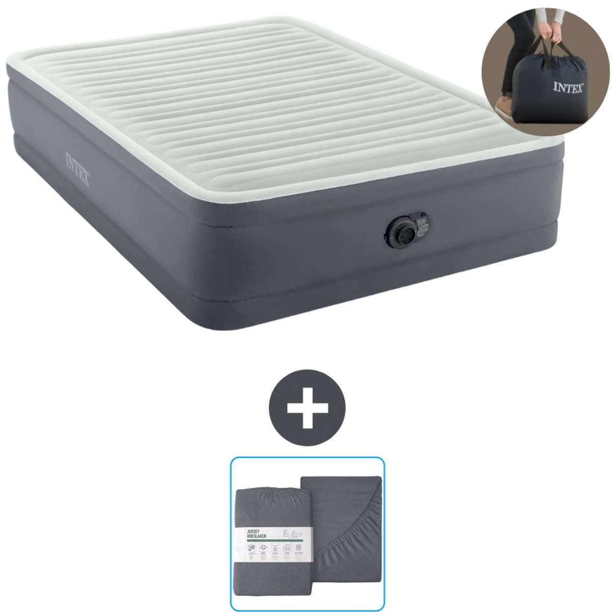 Intex Luchtbed - 2-Persoons - 152 x 203 x 46 cm - Grijs - Inclusief pomp en Hoeslaken