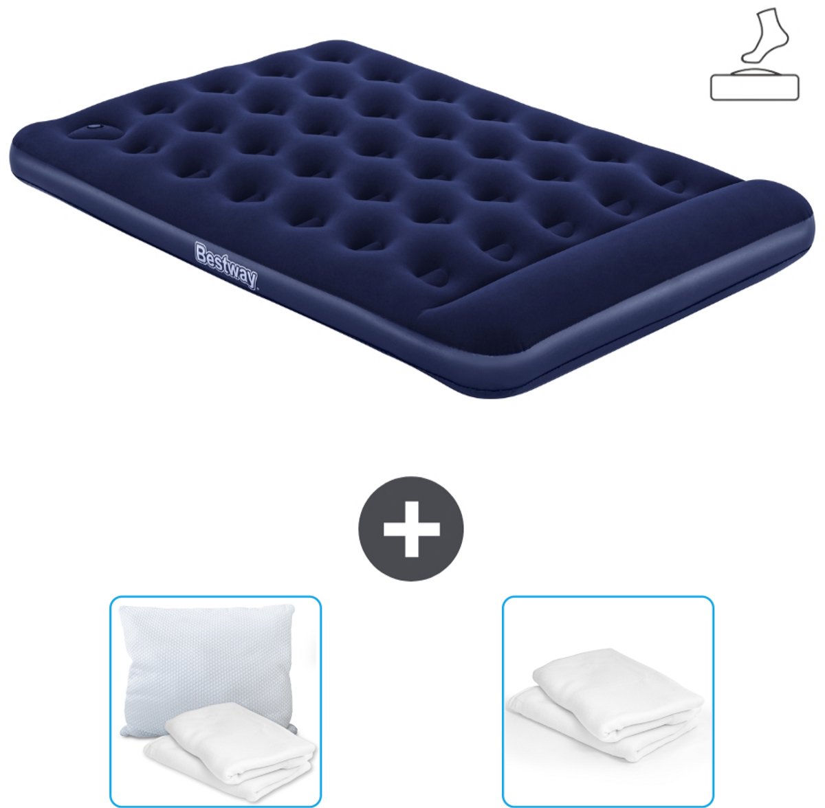 Bestway luchtbed - Twijfelaar - 137 x 191 x 28 cm - Blauw - Inclusief pomp - Kussen en Kussenbeschermer