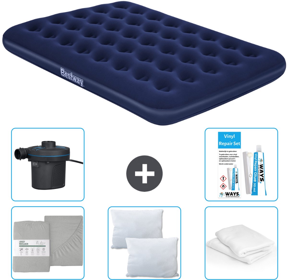 Bestway luchtbed - Twijfelaar - 137 x 191 x 22 cm - Blauw - Inclusief Hoeslaken - Kussen - Kussenbeschermer - Pomp en Reparatieset