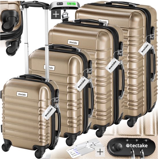 tectake® Set de valises 4 pièces - Valises ABS avec coque rigide - Valise légère avec serrure à combinaison TSA et peseuse à bagages - Ensemble de bagages avec bagages enregistrés Grande valise (106L, 76L et 55L) et valise à main (31L) - Champagne