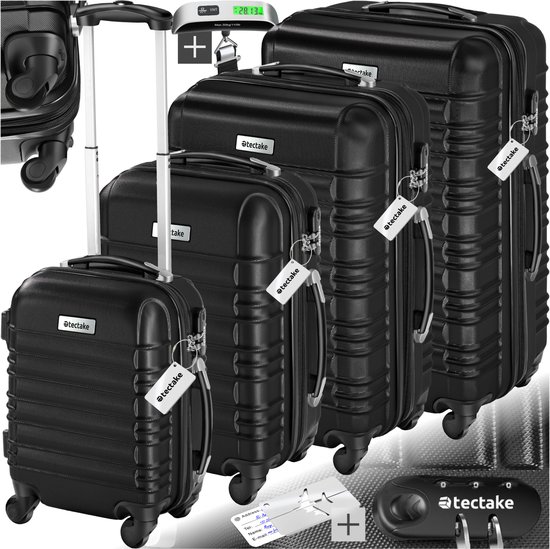 tectake® Ensemble de valises 4 pièces - Valises en ABS avec coque rigide - Valise légère avec serrure à combinaison TSA et peseuse à bagages - Ensemble de bagages avec bagages enregistrés Grande valise (106L, 76L et 55L) et valise à main (31L) - Noir