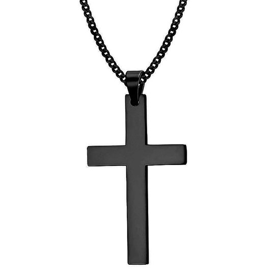 Pendentif croix noir sur une chaîne à maillons noire.