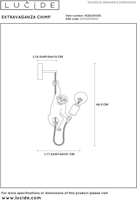 Technische tekening van de gouden aap wandlamp met afmetingen.