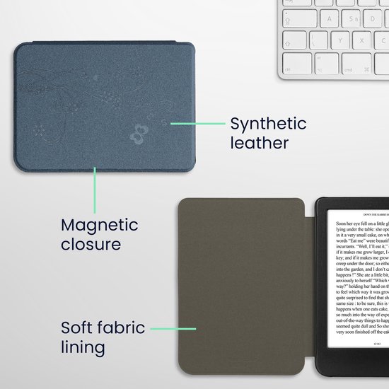 kwmobile e-reader hoesje geschikt voor Kobo Clara BW / Colour hoes - E reader flip case met magnetische sluiting - Ereader cover - Stengels en Vlinder design in donkerblauw van Merkloos — afbeelding 4