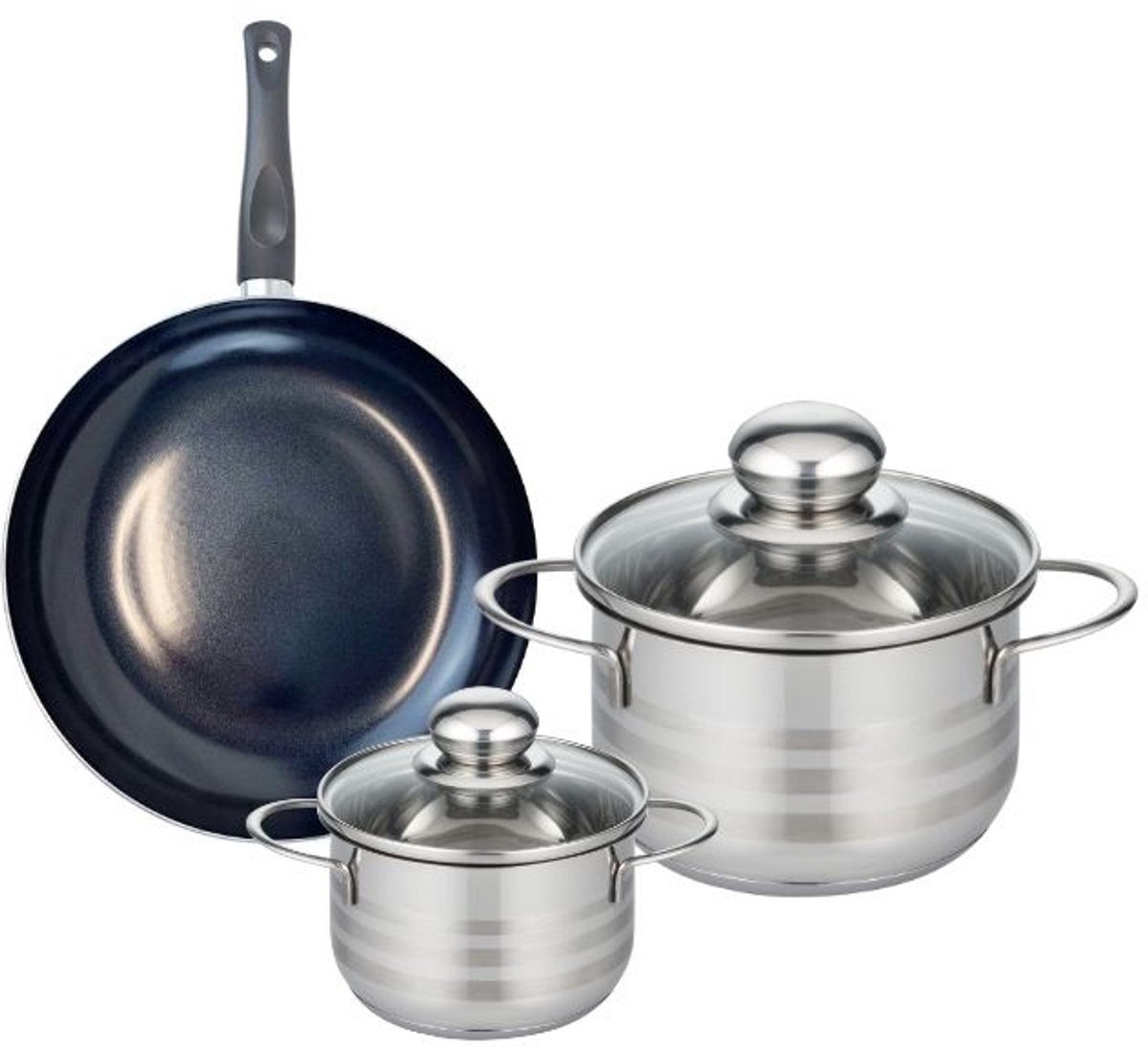 Set van 1 Koekenpan 20 cm en 2 kookpotten 12 en 16 cm Elo Prima Glanzend
