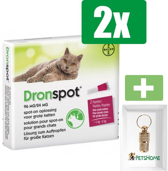 Dronspot Spot On Ontwormingsmiddel voor grote katten (5-8 kg) 2 pipetten - 2 Stuks - Inclusief PetsHome Goudkleurige Adreskoker