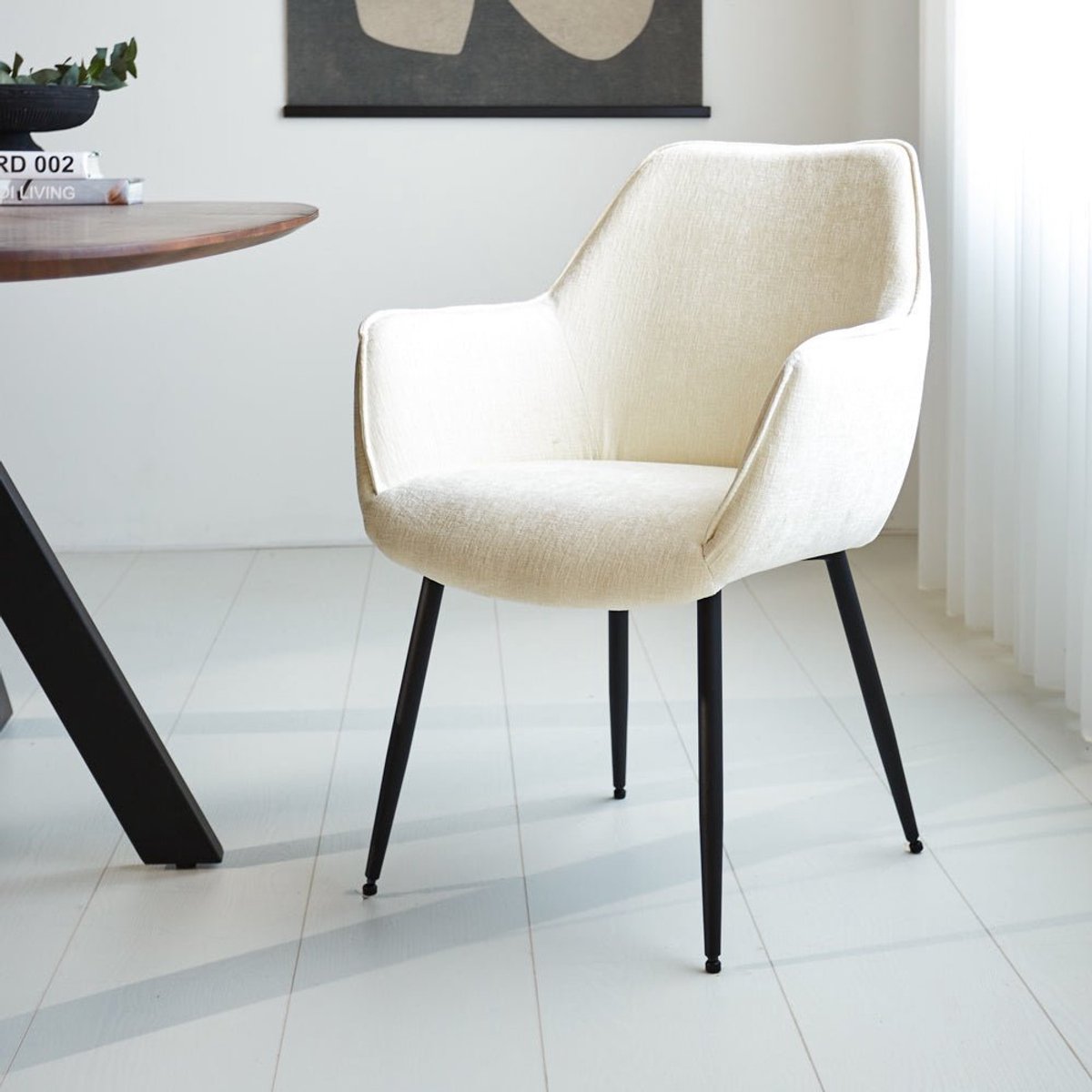 Dimehouse Set van 4 Eetkamerstoelen Sev Crème Chenille Stof - Met Armleuning - Chenille - Scandinavisch & Basic Wit