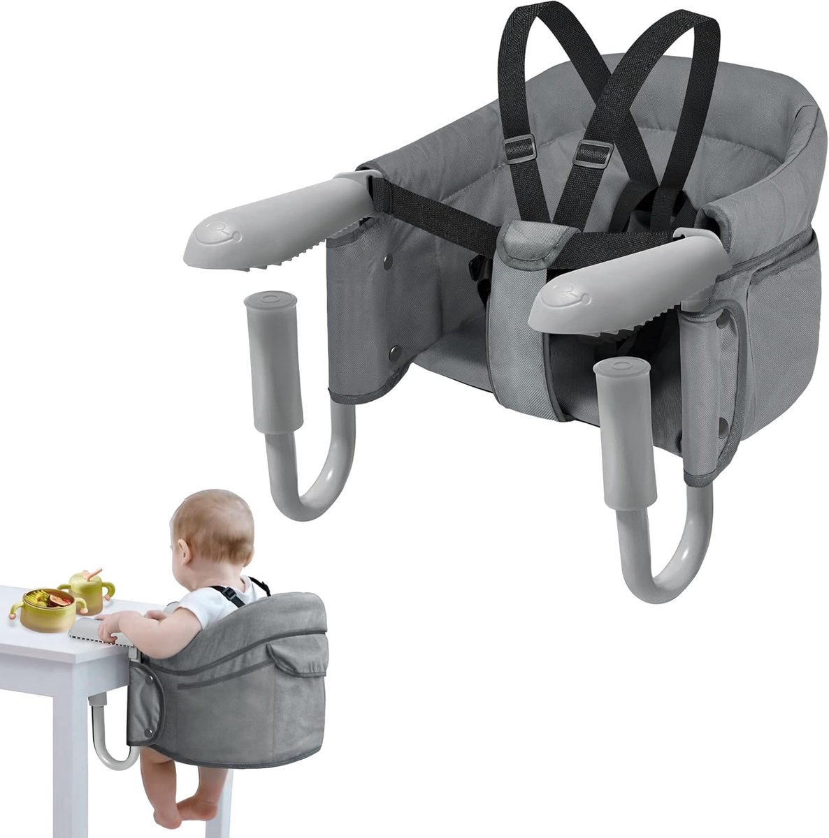 Opvouwbare Kinderstoel voor Baby's - Ergonomische Tafelstoel met Veiligheidsgordel en Antislipclips (Grijs)