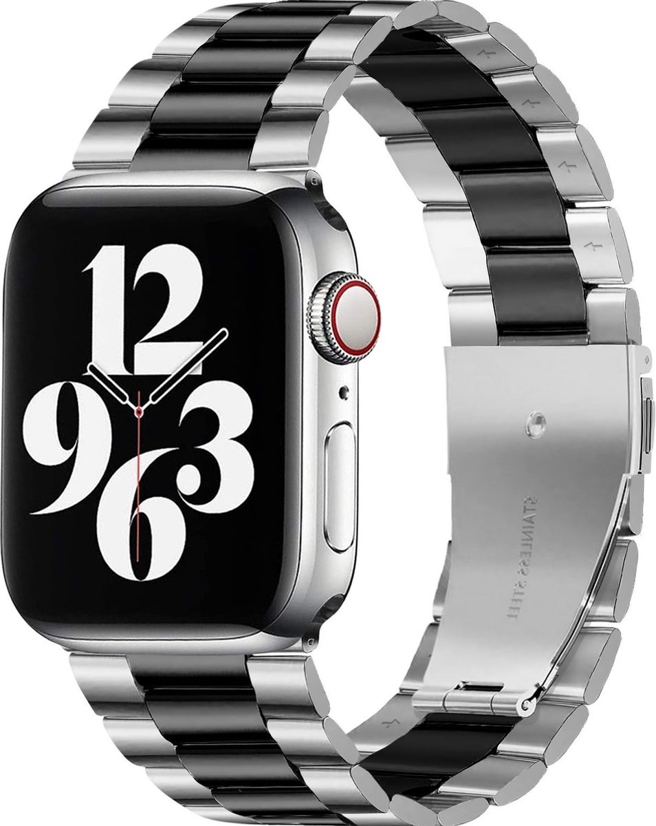 Mobigear Stalen Watch bandje geschikt voor Apple Watch Bandje Vouwsluiting | Mobigear Antwerp - 42/41/40/38 mm - Zwart / Zilver