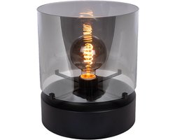 Atmooz Glaz Tafellamp – Ø25 cm – Rookgrijs Glas – Zwarte Eikenhouten Voet – E27 – Sfeerlamp