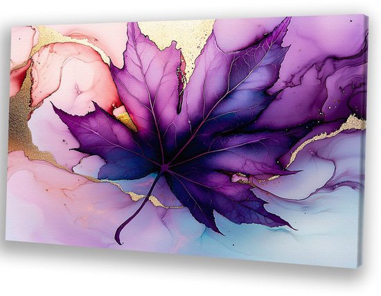 Abstract blad met gouden accenten - Blad schilderij op canvas - Wanddecoratie canvas natuur - Abstracte kunst - Klassiek schilderijen - Slaapkamer decoratie - canvas 60x40 cm