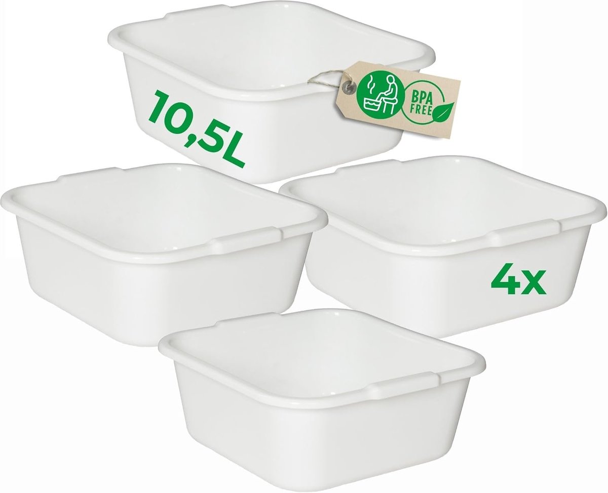Novaliv 4x Vierkante Afwaskommen 10,5L, 34x34 cm, Wit, BPA-vrij, Vaatwasserbestendig, Ideaal voor Keuken en Camping, Bad, Grote Plastic Kom, Vierkante Afwaskom, Afwasbak, Afwaskom