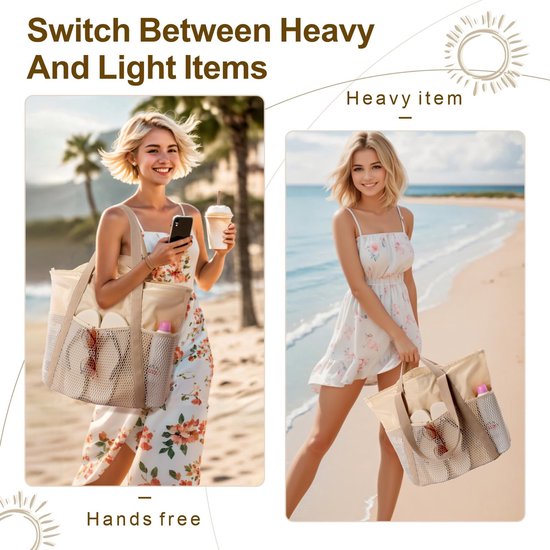 Grand sac de plage pliable et imperméable pour femme, avec poches zippées en filet, idéal pour une utilisation quotidienne au bord de la piscine - Beige
