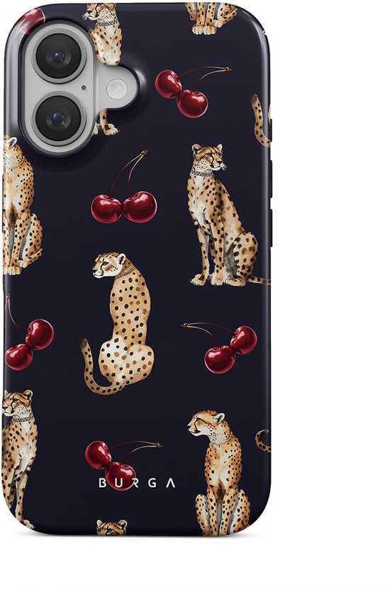 Coque de téléphone foncée avec imprimé léopard et cerises.
