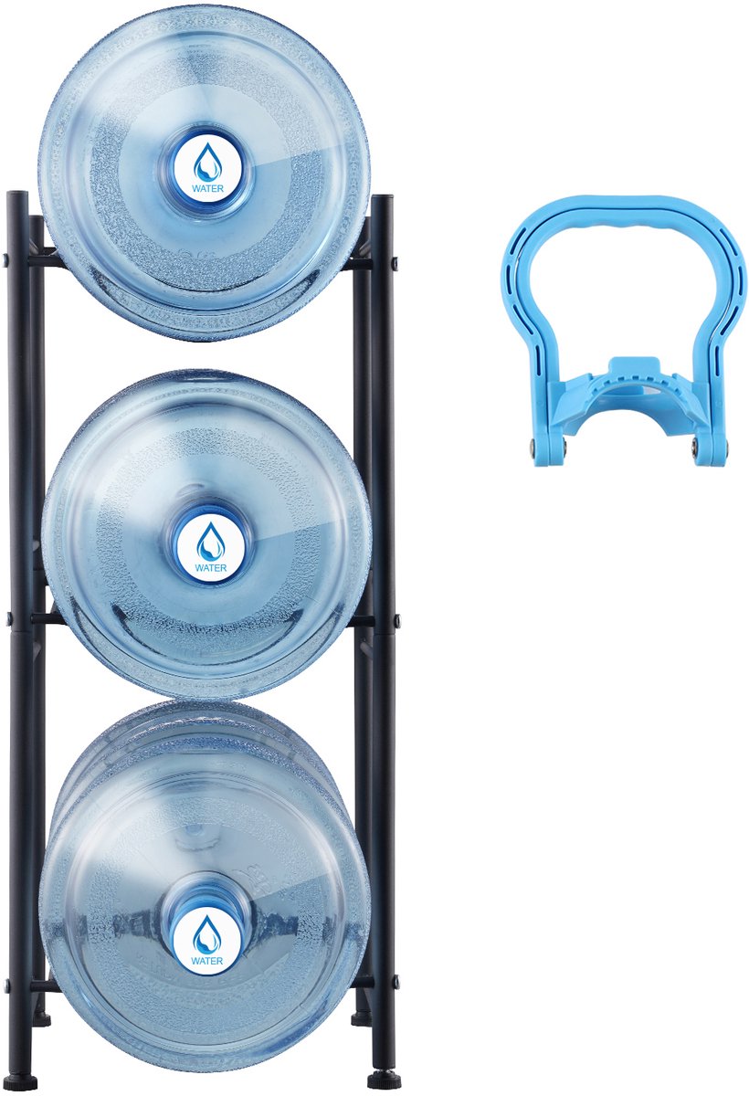 3-Tier Waterkan Houder, 5-Gallon Flessenstandaard, Enkele Rij voor 3 Flessen, Stevige Waterkan Standaard voor Keuken, Kantoor, Woonkamer, Zwart