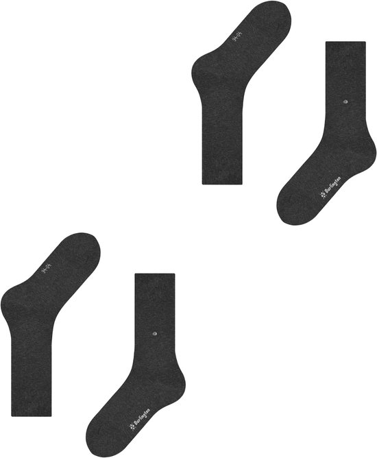Twee paar donkergrijze Burlington sokken, elk met een subtiel logo. Eén paar is opgerold.