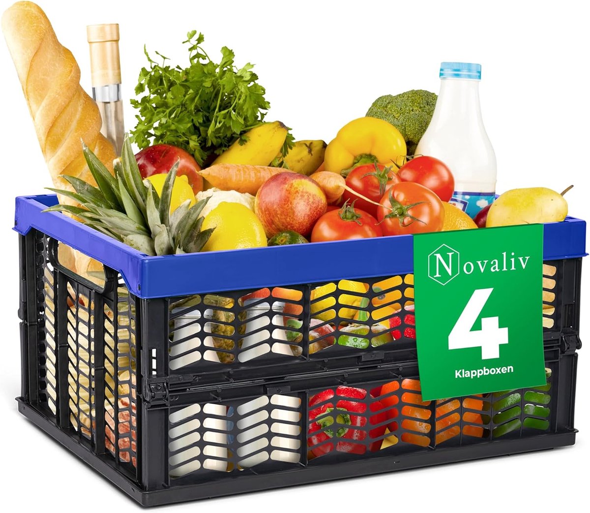 Opvouwbare dozen opvouwbaar stabiel 4x 30L blauw zwarte manden boodschappenbox opvouwbare dozen set draagbox opbergmanden boodschappenmanden manden opbergkeuken