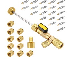 Klepmontagegereedschap met dubbele aansluiting SAE 1/4 en 5/16, 20 ventielkernen met teflonafdichting en 10 messing moeren, compatibel met R22 R12 R407 R410 R404 R32 R600 A/C