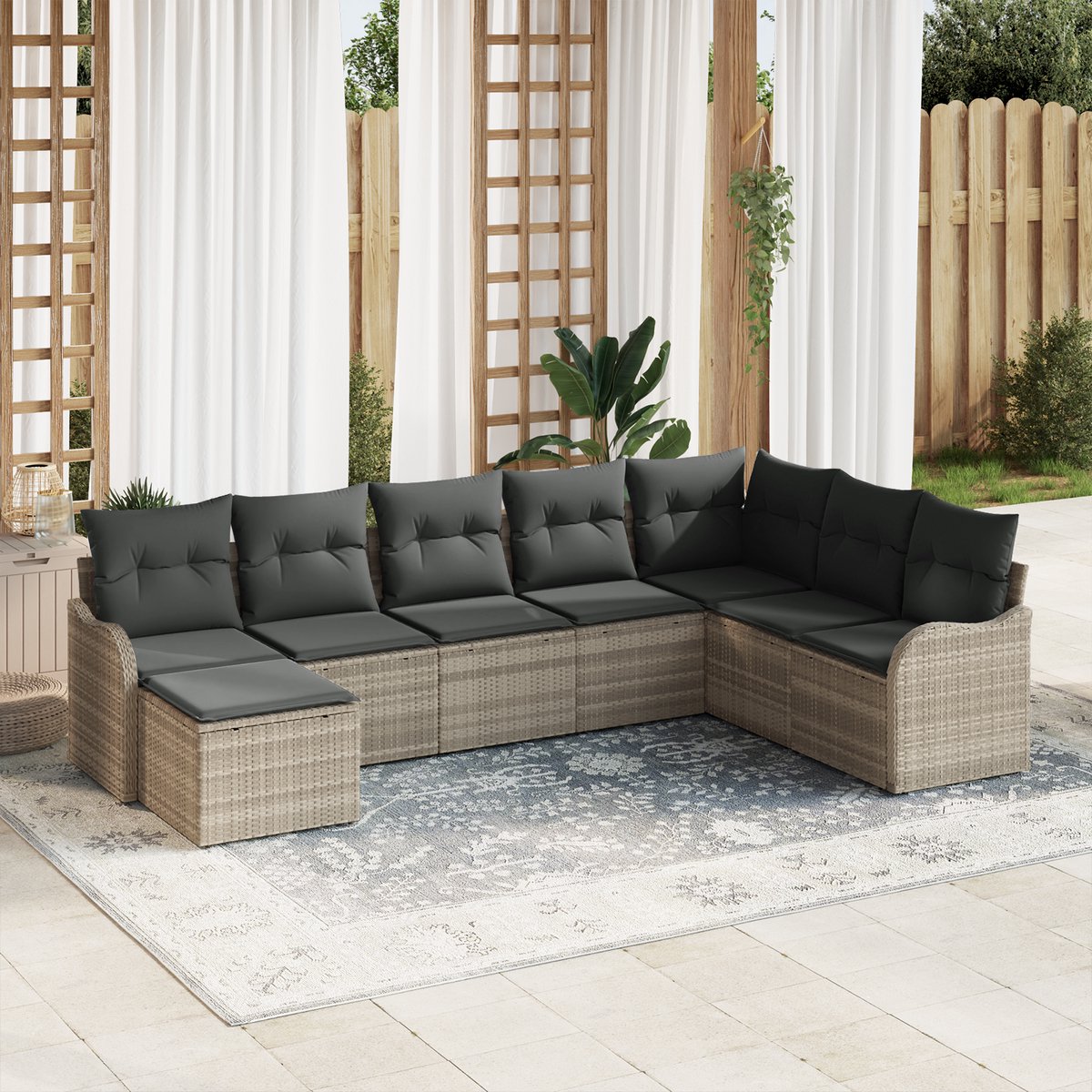vidaXL - Tuinbank - Set - met - kussen - 8 - pcs - Lichtgrijs - Poly - rattan