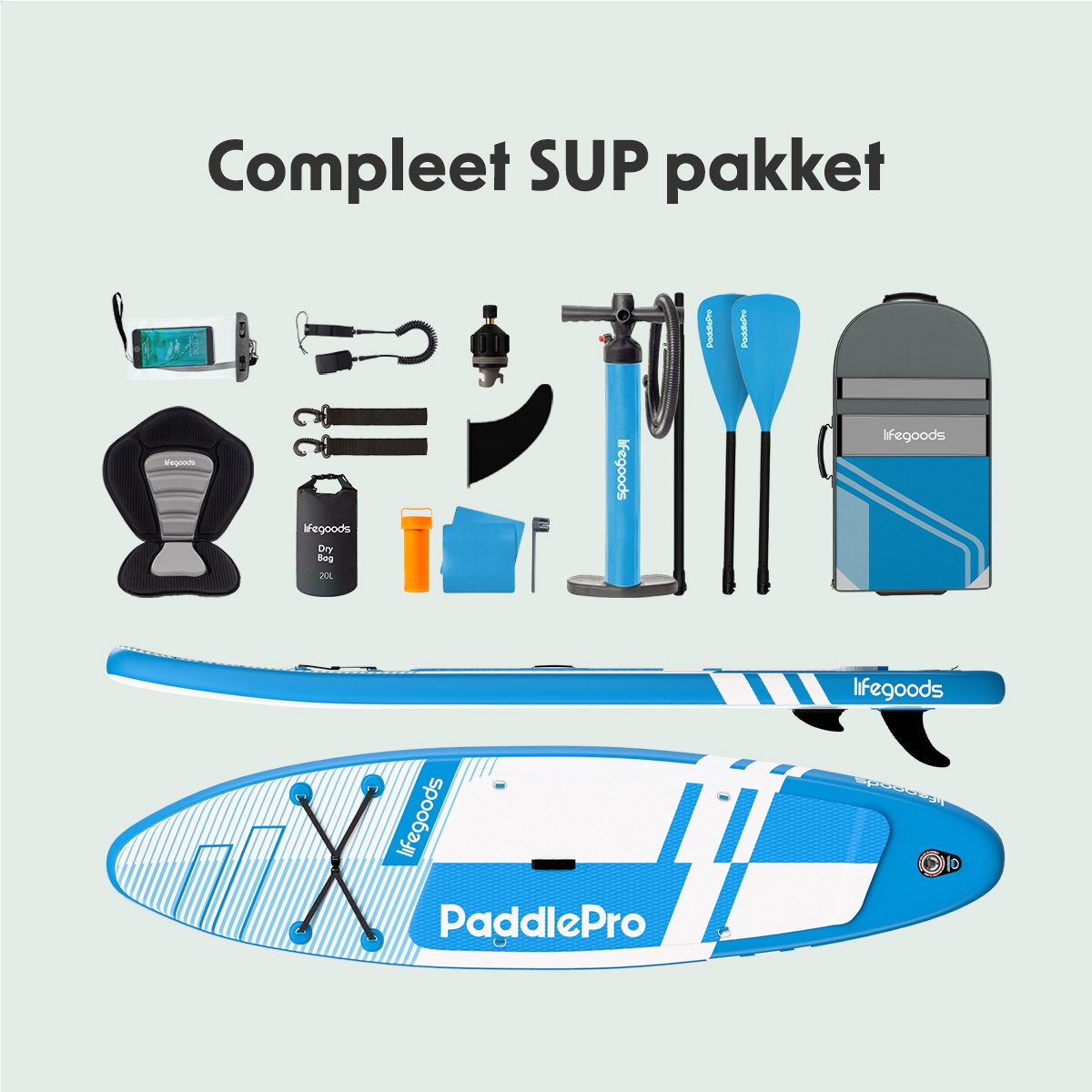 LifeGoods PaddlePro SUP Board Pro - Pro Set - Met Zitje - Opblaasbaar Paddle Board - Max. 150KG - 320x81cm - Sky Blue – foto 6