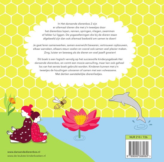 Boek 'Het Dansende Dierenbos 2' met illustraties van kinderen in yogahoudingen, een lotusbloem, een bij en een dolfijn.