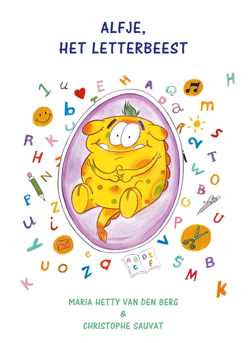 Een gele, ronde letterbeest met gele stippen zit in een paars ei, omringd door letters en tekeningen.