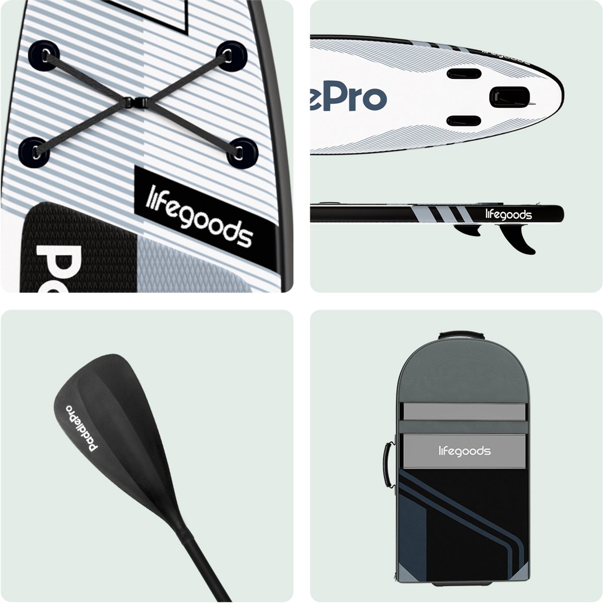 LifeGoods PaddlePro SUP Board Pro - Pro Set - Opblaasbaar Paddle Board - Max. 150KG - 320x81cm - Zwart/Wit – foto 7
