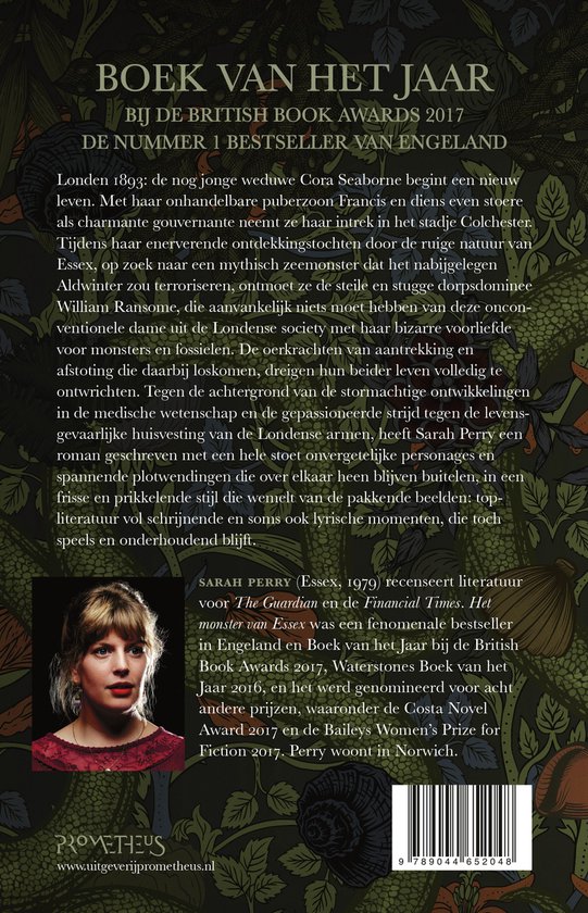 Boek "Het Monster van Essex" van Sarah Perry, met portret van de auteur.