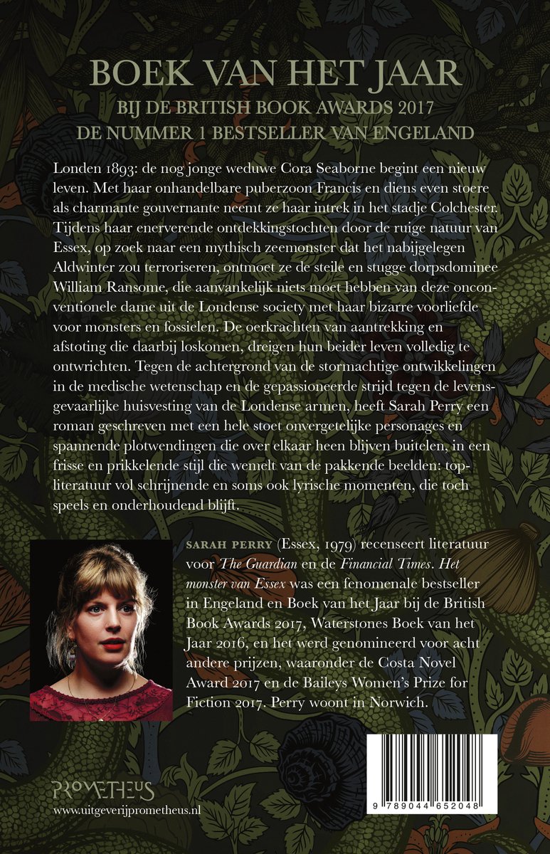 Boek "Het Monster van Essex" van Sarah Perry, met portret van de auteur.