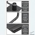 Donker houtnerf laptoptafel met bekerhouder, antislip pootjes en afgeronde hoeken.