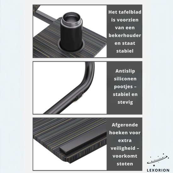 Donker houtnerf laptoptafel met bekerhouder, antislip pootjes en afgeronde hoeken.