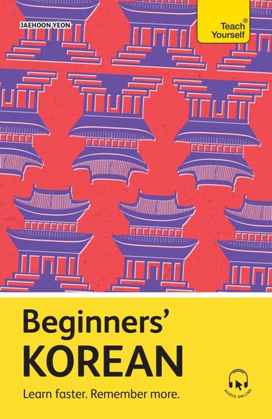 Boek 'Beginners' KOREAN' met een rode achtergrond met een patroon van paarse Koreaanse gebouwen. Met tekst "Teach Yourself".