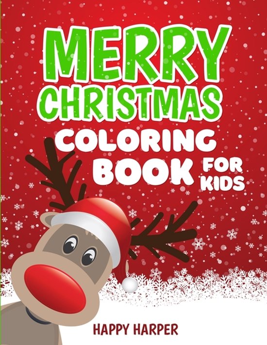 Kerst kleurboek voor kinderen met een rendier met kerstmuts op een rode achtergrond met sneeuw.