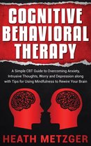 Boek "Cognitive Behavioral Therapy" met rode tekst op een zwarte achtergrond, met afbeeldingen van twee profielen met een brein.