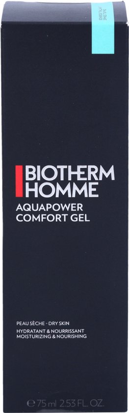 Zwarte doos voor BIOTHERM HOMME Aquapower Comfort Gel, met witte tekst en turquoise streep
