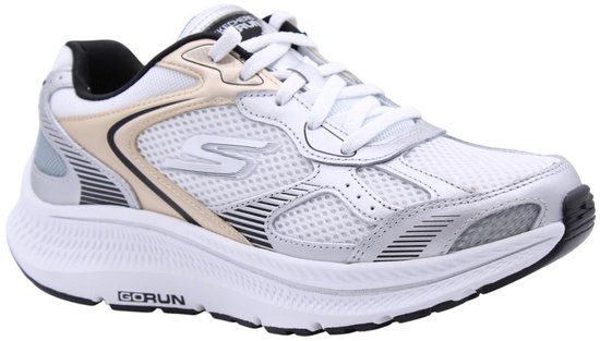Zilverkleurige Skechers Go Run sneaker met witte veters en beige, blauwgrijze en zwarte accenten. Beschikt over mesh.