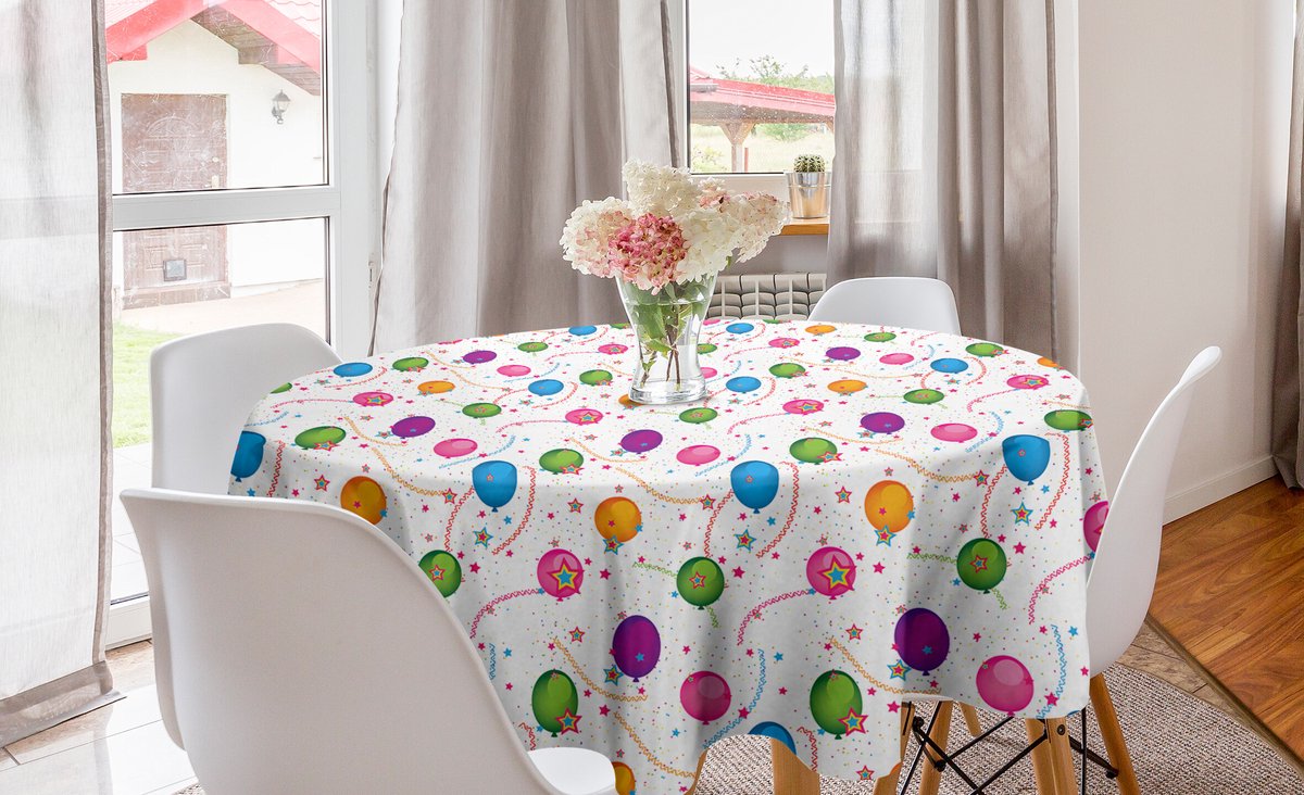 New Bed Verjaardag Ballon Sterren Ronde Tafelkleed, Cirkel Tafelkleed voor Eetkamer Keuken Decoratie, 150 cm Diameter