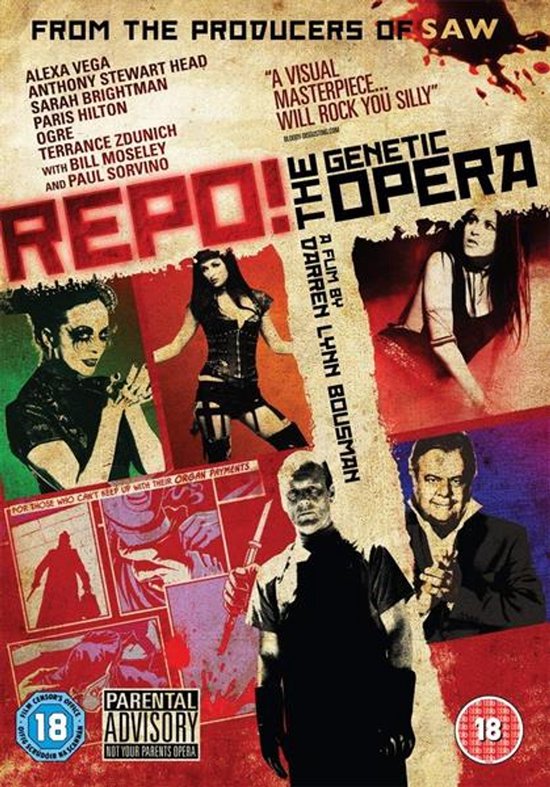 DVD-cover met de titel 'Repo! The Genetic Opera'. Meerdere afbeeldingen van acteurs met dramatische make-up, gekleed in goth-stijl.